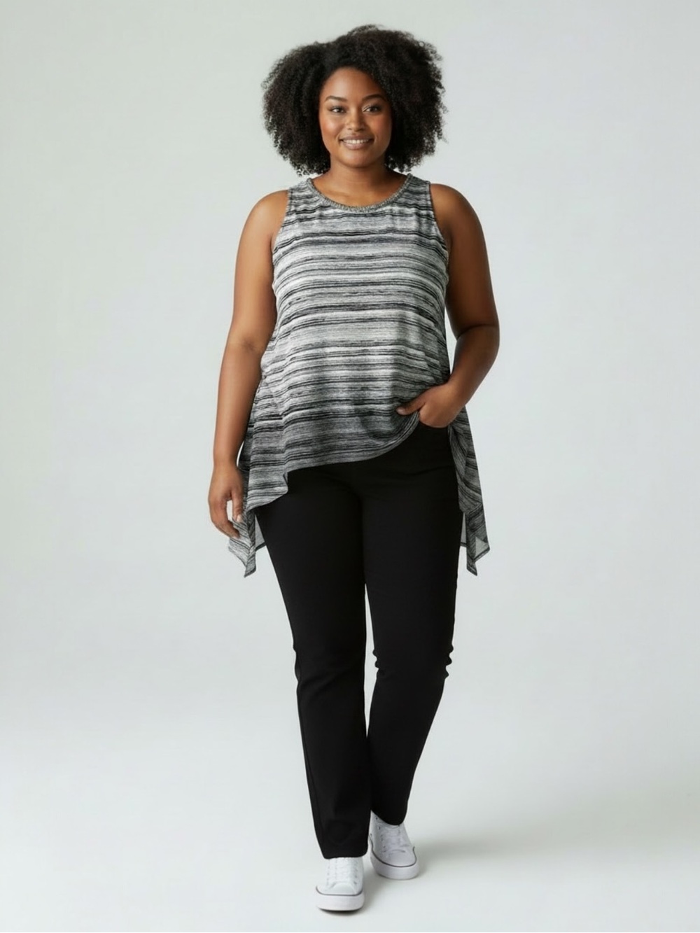 Alfani Beaded Chiffon Swing Black Gray Ombré Striped Tunic Tank Top 2X